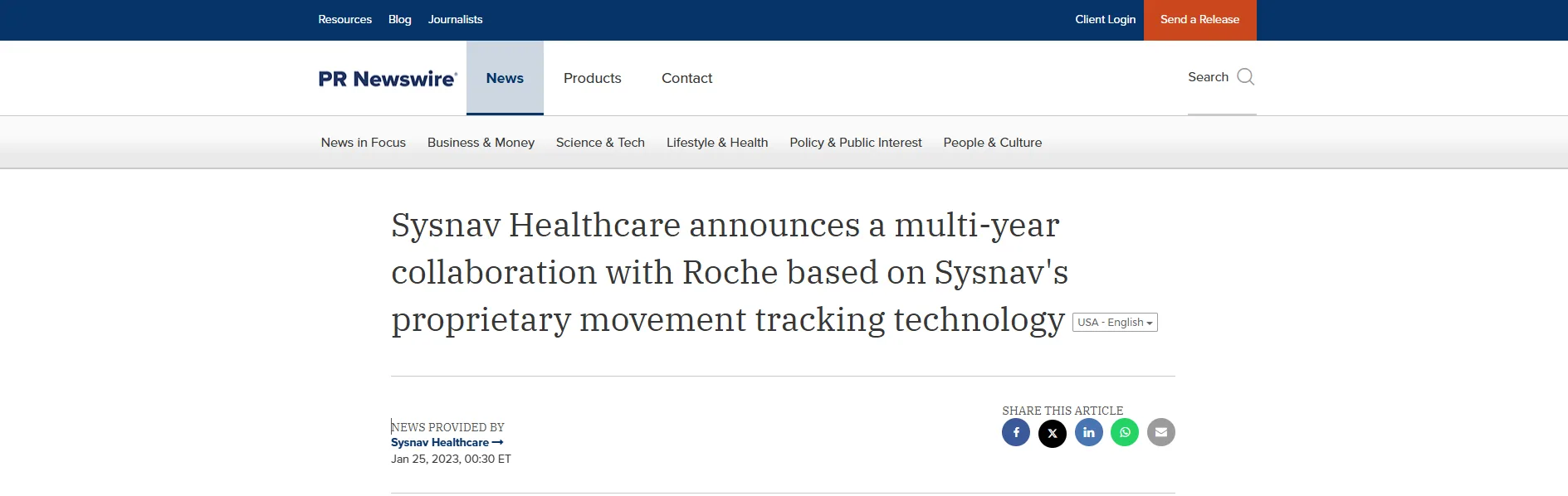 Sysnav Healthcare announces a multi-year collaboration with Roche based on Sysnav's proprietary movement tracking technology