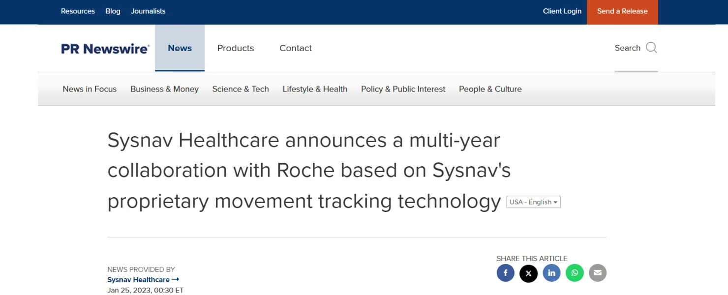 Sysnav Healthcare announces a multi-year collaboration with Roche based on Sysnav's proprietary movement tracking technology