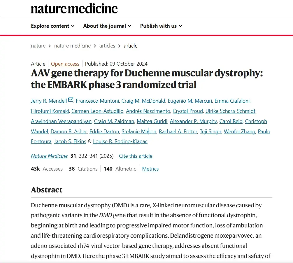Screenshot of Sarepta's peer reviewed paper mentioning SV95C, titled "AAV gene therapy for Duchenne muscular dystrophy: the EMBARK phase 3 randomized trial"