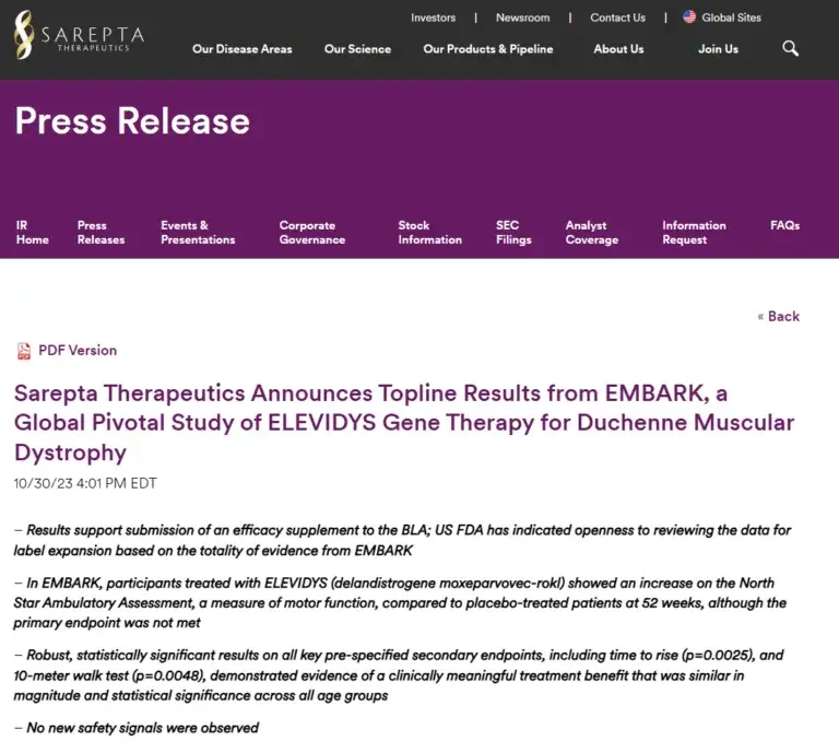 Screenshot of PR: Sarepta Therapeutics Announces Topline Results from EMBARK, a Global Pivotal Study of ELEVIDYS Gene Therapy for Duchenne Muscular Dystrophy.