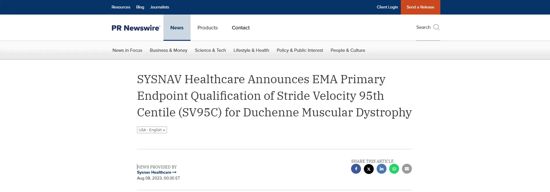 SYSNAV Healthcare Announces EMA Primary Endpoint Qualification of Stride Velocity 95th Centile (SV95C) for Duchenne Muscular Dystrophy