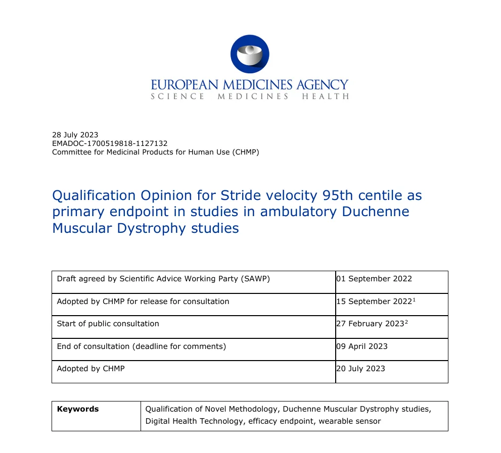 Official EMA Qualification Opinion for Stride Velocity 95th Centile (SV95C) as a primary digital endpoint in DMD studies (July 2023).