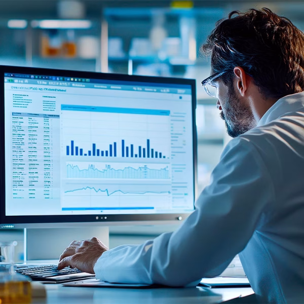 AdobeStock_938187306 copie A clinician looking at data from Digital biomarkers and sensors